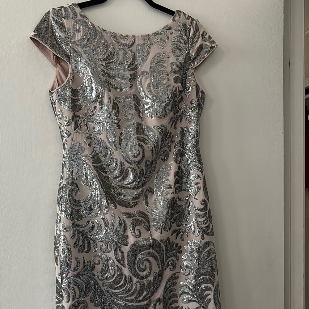 Adrianna Papell Silver Sheath Dress with Bateau Neckline and Flutter Cap Sleeves